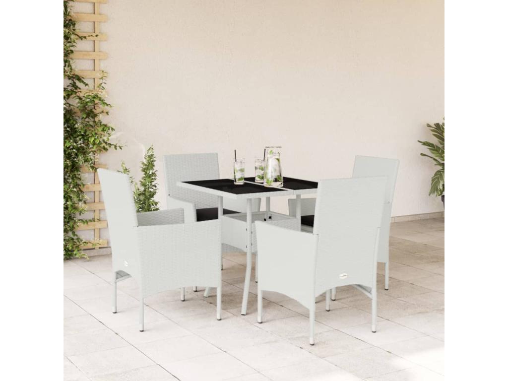 Ensemble à manger de jardin et coussins 5 pièces blanc rotin verre PUGA40453