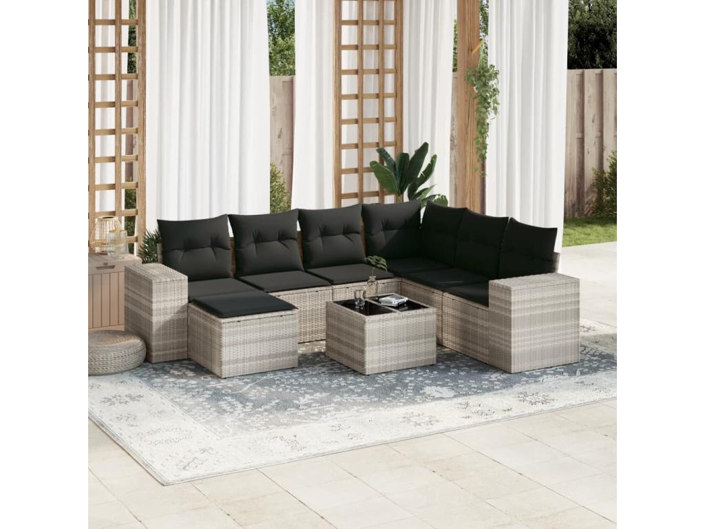 Salon de jardin 8 pièces avec coussins gris clair résine tressée FELH78653
