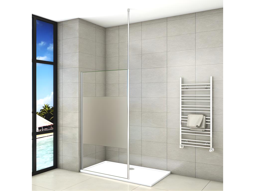 Paroi de douche à l'italienne 110x200cm avec barre de fixation au plafond 203-320cm en 8mm verre bande centrale dépolie XXPG00630