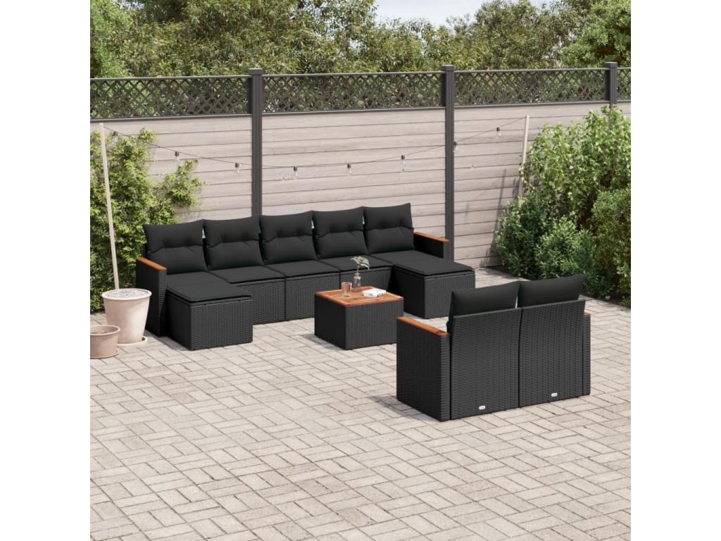 Salon de jardin 10 pcs avec coussins noir résine tressée XHOX67964