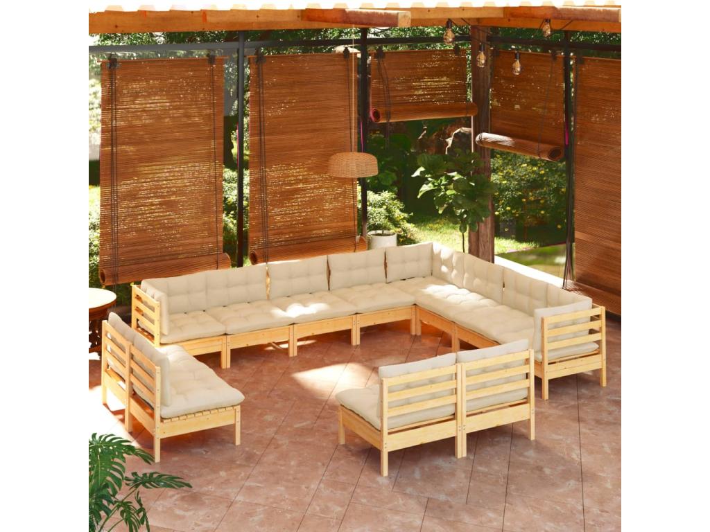 Salon de jardin 12 pcs avec coussins crème Bois de pin massif AMXX18358