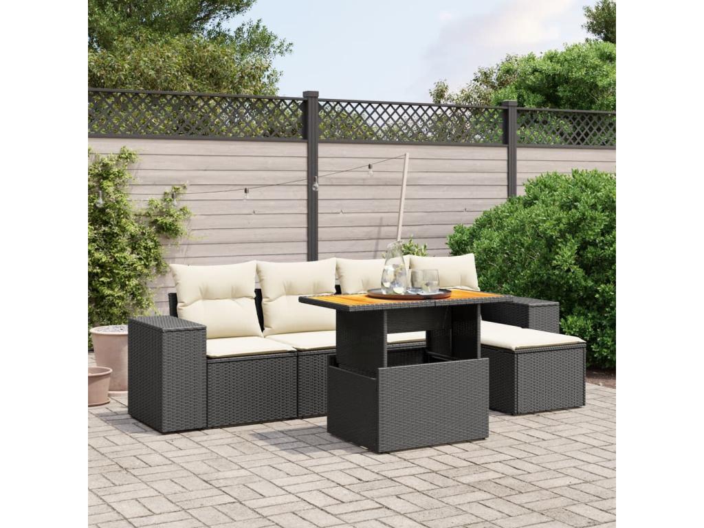 Salon de jardin 6 pièces avec coussins noir résine tressée GFLK04656