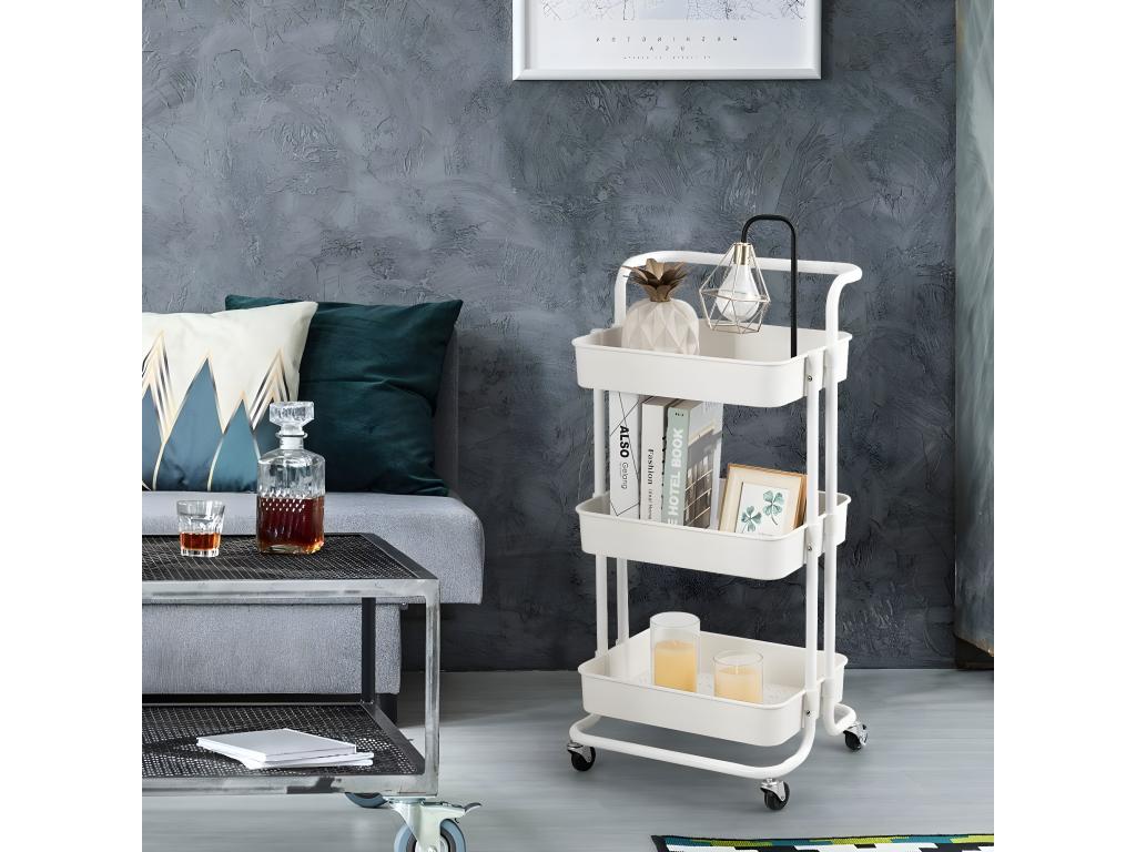 Chariot de Service à Zensova avec 3 PaniersGrillagés en Métal Anti-Rouille 42x35x87 CM Charge Max- 60KG Blanc FZZW63869