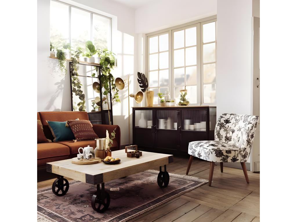 Fauteuil en Bois et Tissu imprimé Noir / Blanc FATW66589