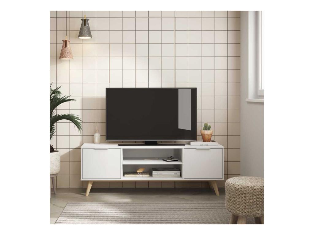 Meuble TV 2 portes 2 niches Blanc - UNIVERSITE ZDPC01176