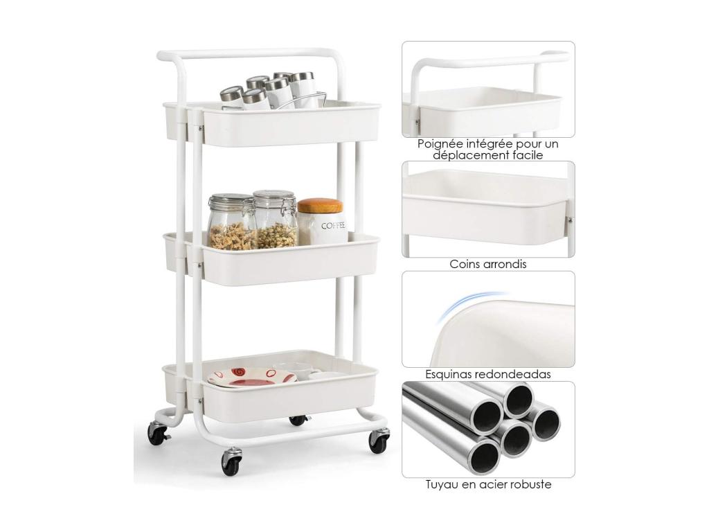 Chariot de Service à Zensova avec 3 PaniersGrillagés en Métal Anti-Rouille 42x35x87 CM Charge Max- 60KG Blanc FZZW63869