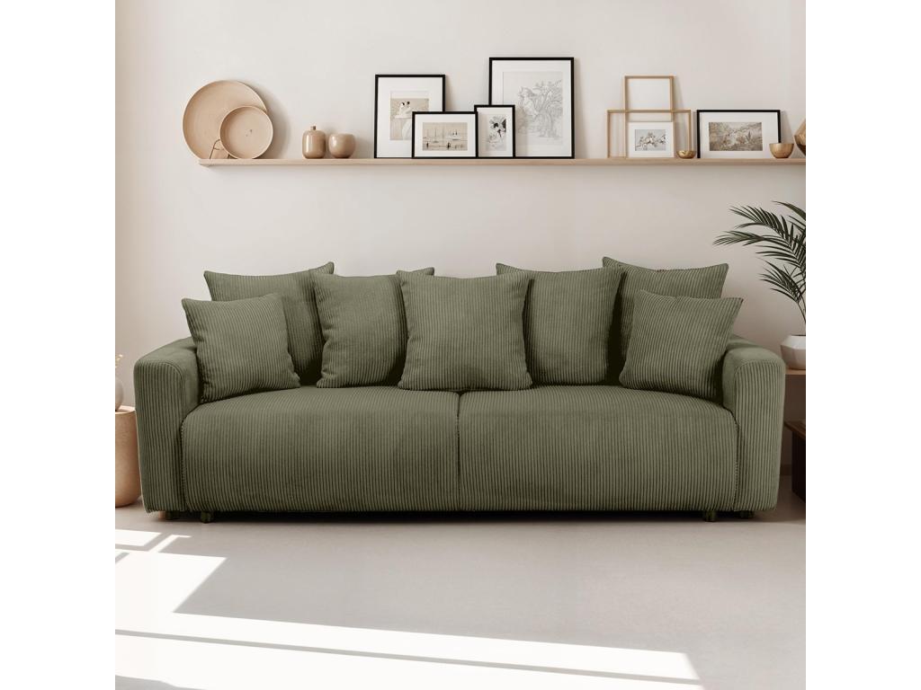 Canapé convertible 3 places en velours tricoté vert kaki avec coffre de rangement - Dormeva SAUL07844