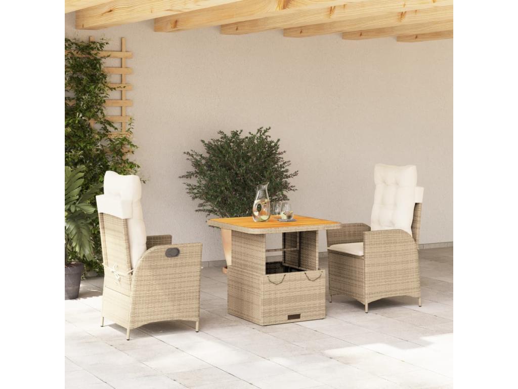 Ensemble à manger de jardin et coussins 3 pièces Beige poly rotin ULFB41827