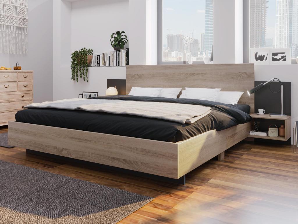 Lit double 160x200cm en bois massif - avec 2 tables de chevet Zensova à Zensova - Naturel AHKM93683