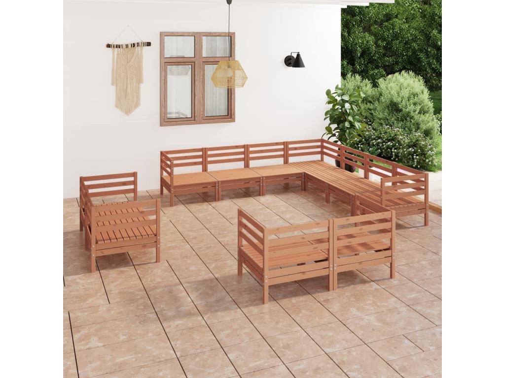 Salon de jardin 11 pcs Bois de pin massif Marron miel RWQG17159