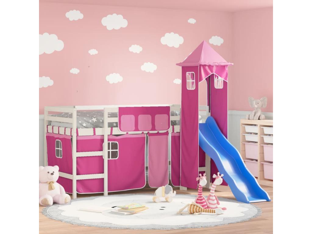 Lit mezzanine enfant avec tour sans matelas rose 90x200 cm GUAN01092