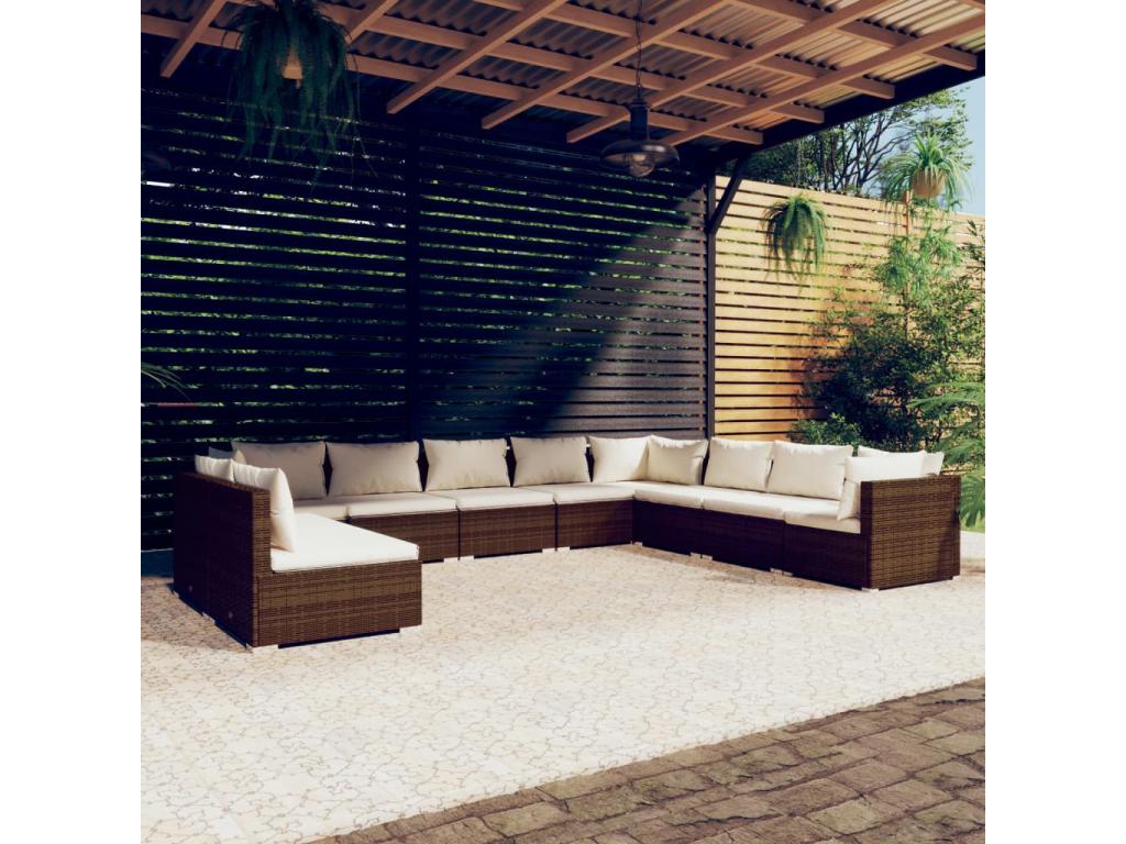 Salon de jardin 10 pièces avec coussins Marron Résine tressée PFPG81863