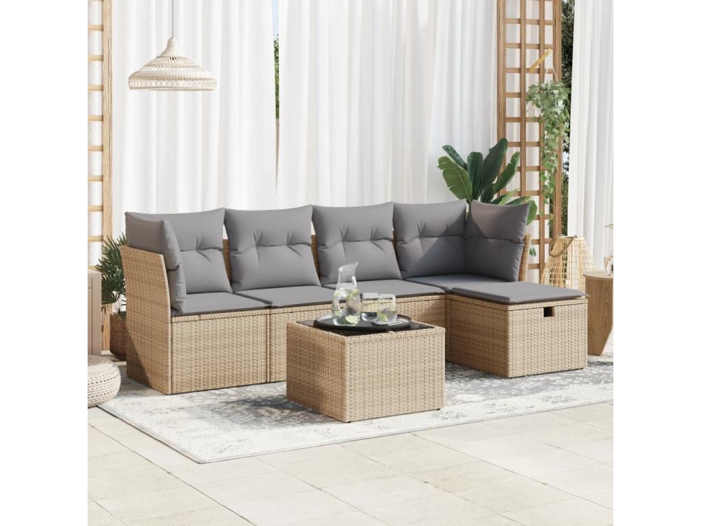 Salon de jardin avec coussins 6 pcs beige résine tressée EKLR06298