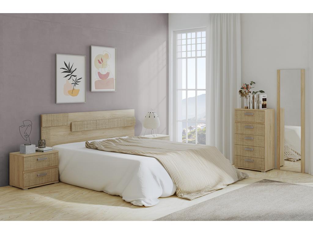 Ensemble tête de lit avec LED 2 tables chevets chiffonnier miroir long coloris chêne Zensova/ effet textile AMHW69377