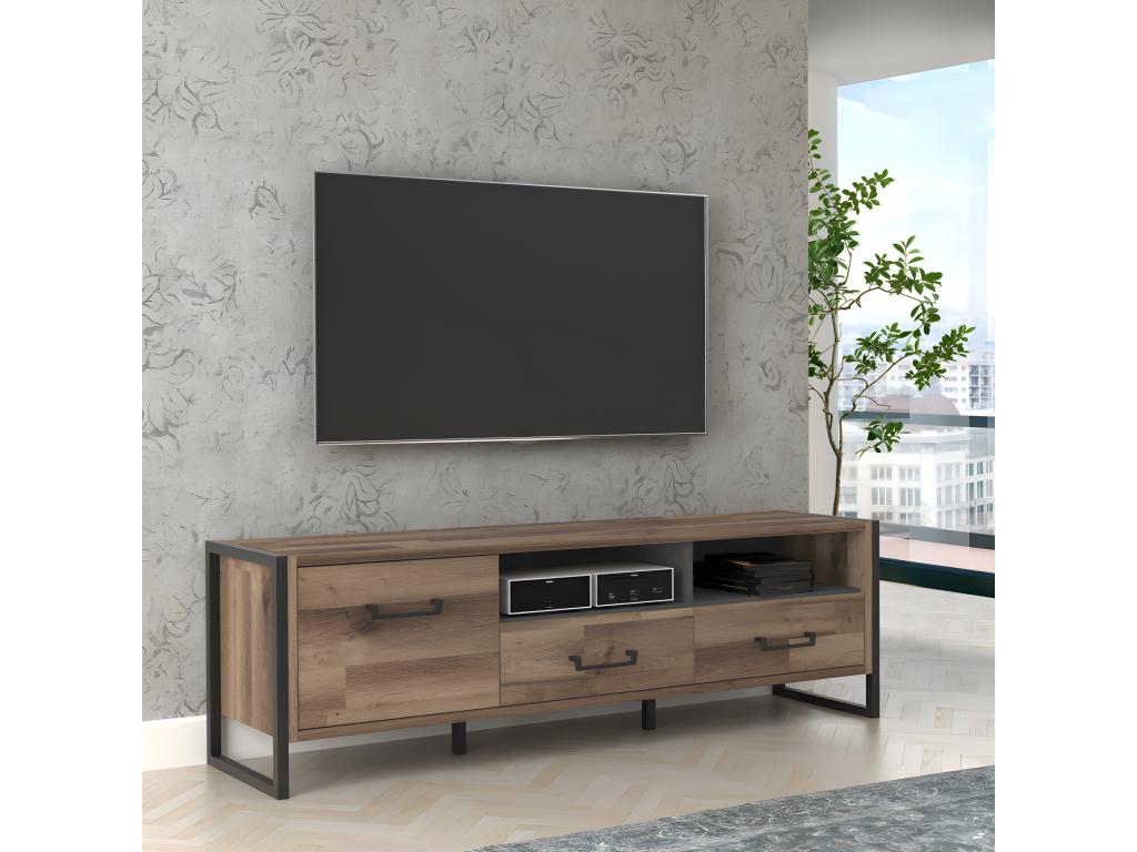 Meuble TV 1 porte 2 tiroirs décor bois recyclé et métal noir - Lumenao YMOG39308