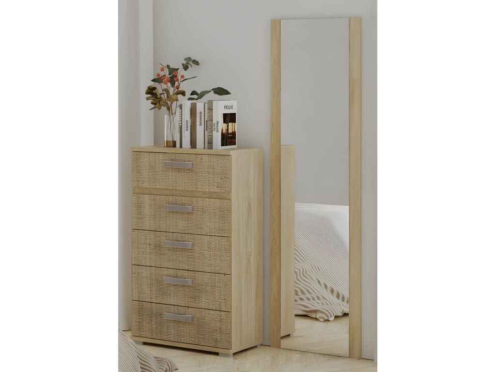 Ensemble tête de lit avec LED 2 tables chevets chiffonnier miroir long coloris chêne Zensova/ effet textile AMHW69377