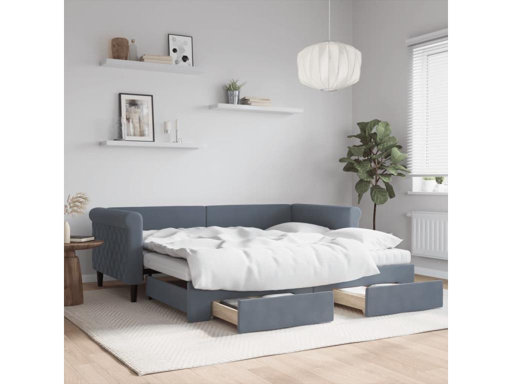 Lit de jour avec gigogne et tiroirs gris foncé 90x190cm velours ZEZK12452