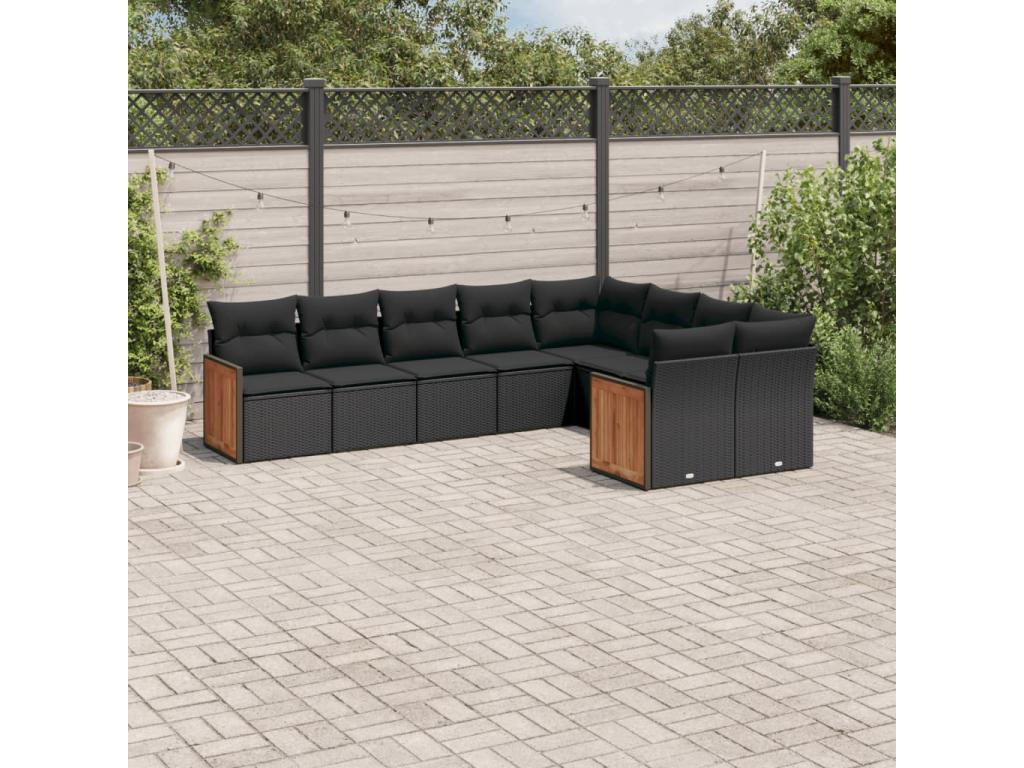 Salon de jardin 9 pcs avec coussins noir résine tressée EMQW98259