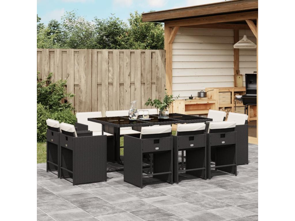 Ensemble à manger de jardin 11 pièces coussins noir résine tressée CLCT38649