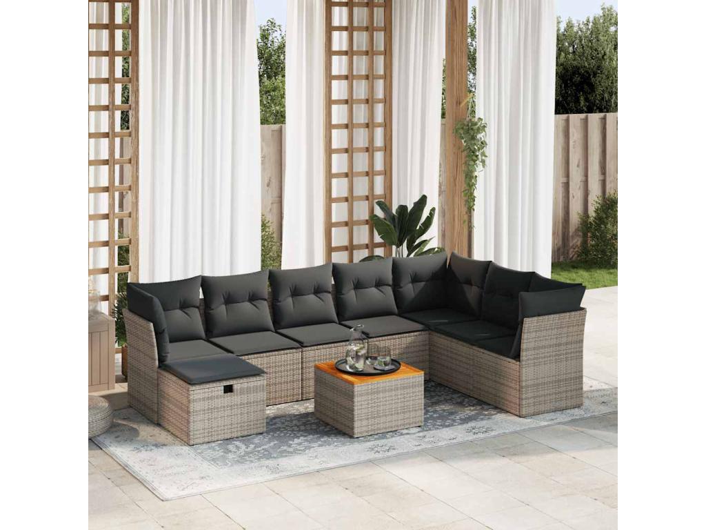 Salon de jardin 9 pièces avec coussins gris résine tressée KLRH11691