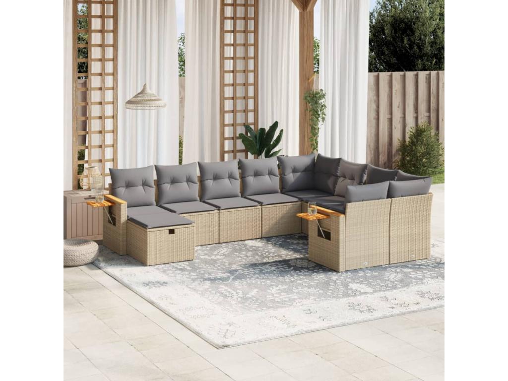 Salon de jardin avec coussins 10 pcs beige résine tressée KUWP75258
