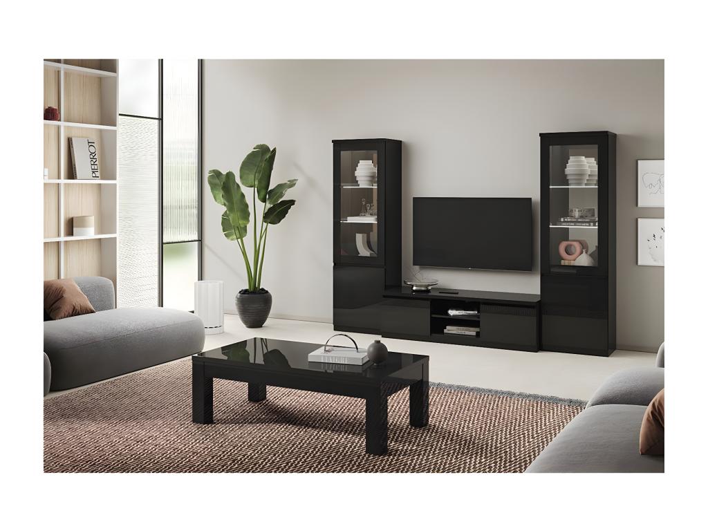 Dormeva - Ensemble Salon Complet Laqué Noir Meuble TV Vitrines avec Leds Table Basse 127cm YOWW12588