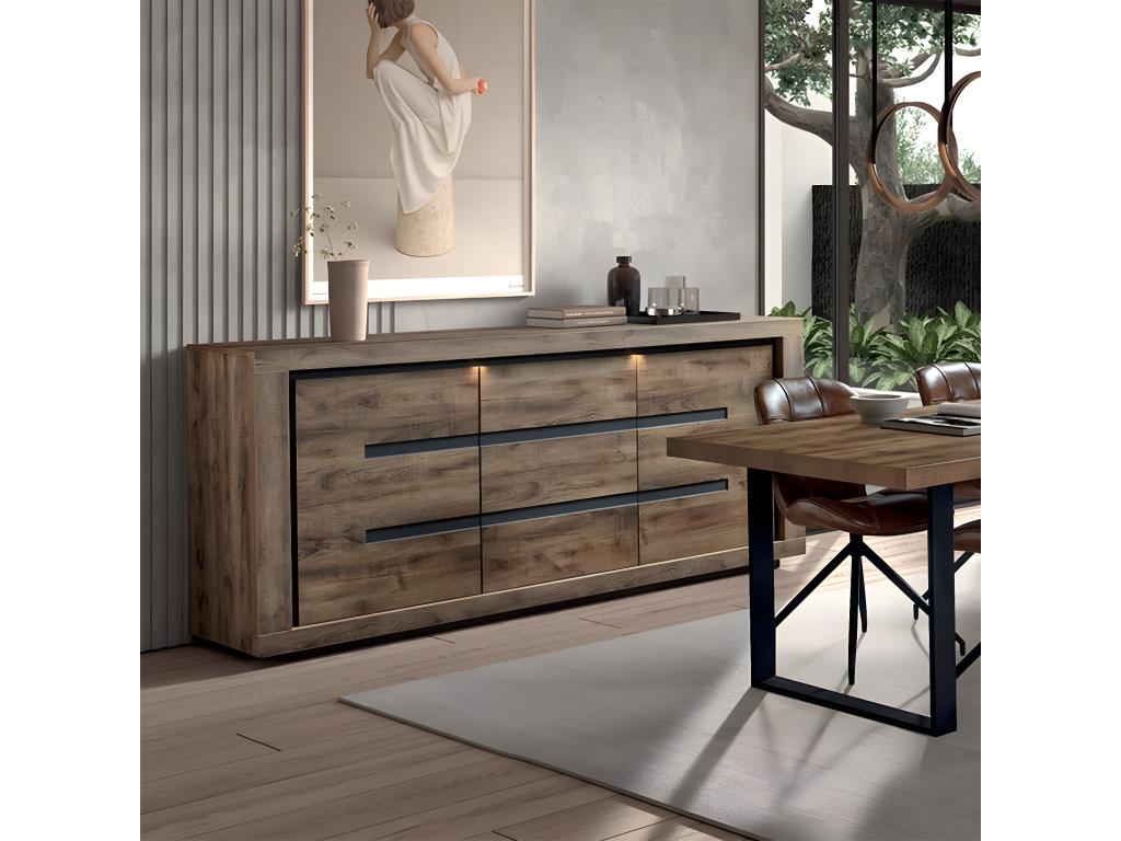 Dormeva - Buffet 3 Portes Aspect Bois Finition Dormeva et Noir avec Eclairage Leds OWPJ71503