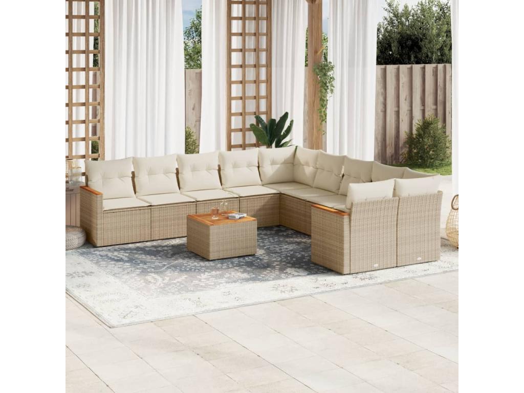Salon de jardin 11 pièces avec coussins beige résine tressée THQT08583