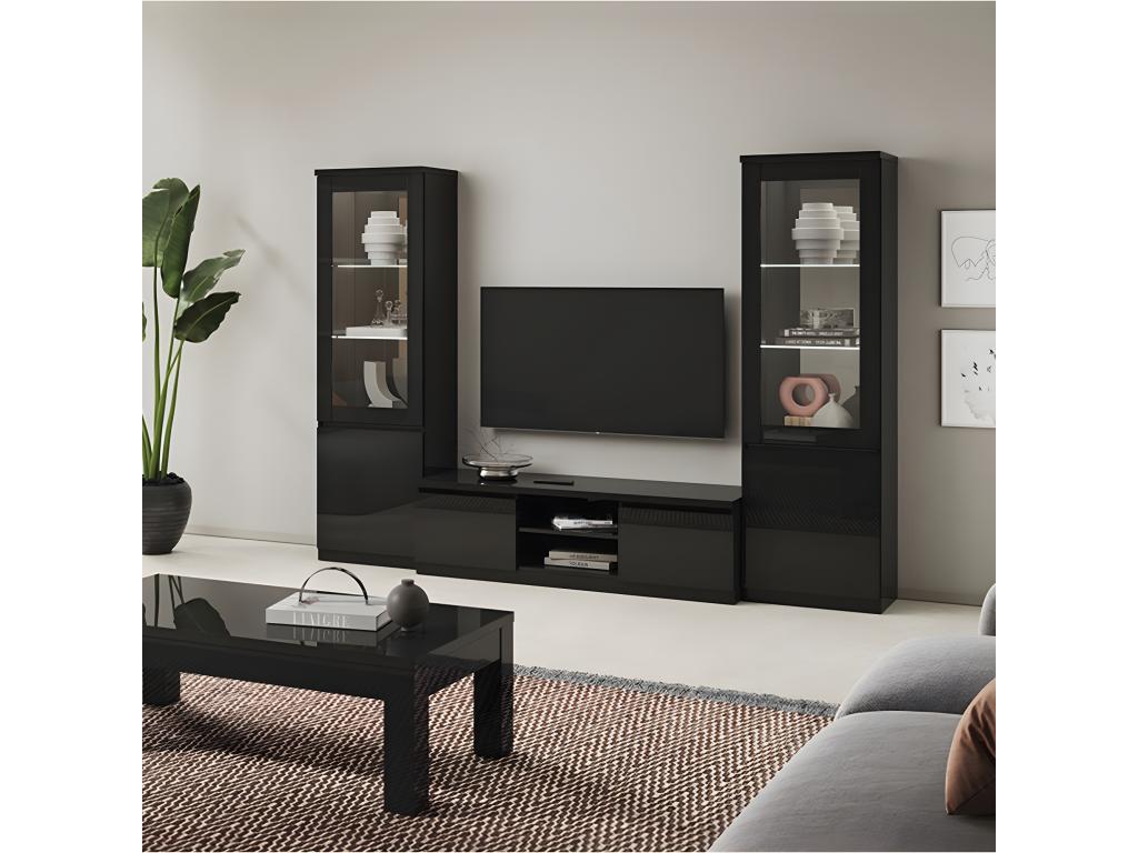 Dormeva - Ensemble Salon Complet Laqué Noir Meuble TV Vitrines avec Leds Table Basse 127cm YOWW12588