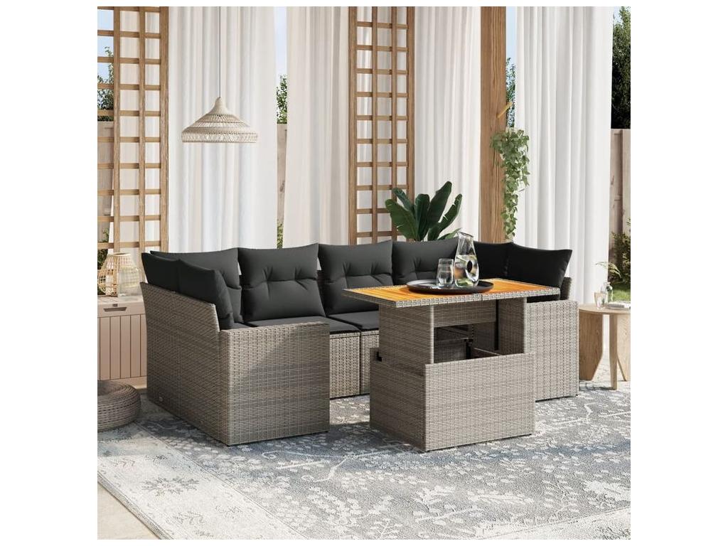 Salon de jardin avec coussins 7 pcs gris résine tressée OJUN58581