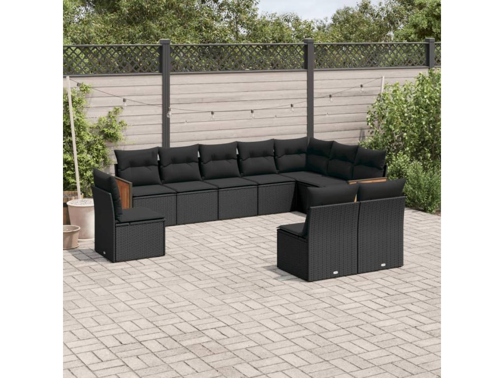 Salon de jardin 10 pcs avec coussins noir résine tressée EWJQ23014