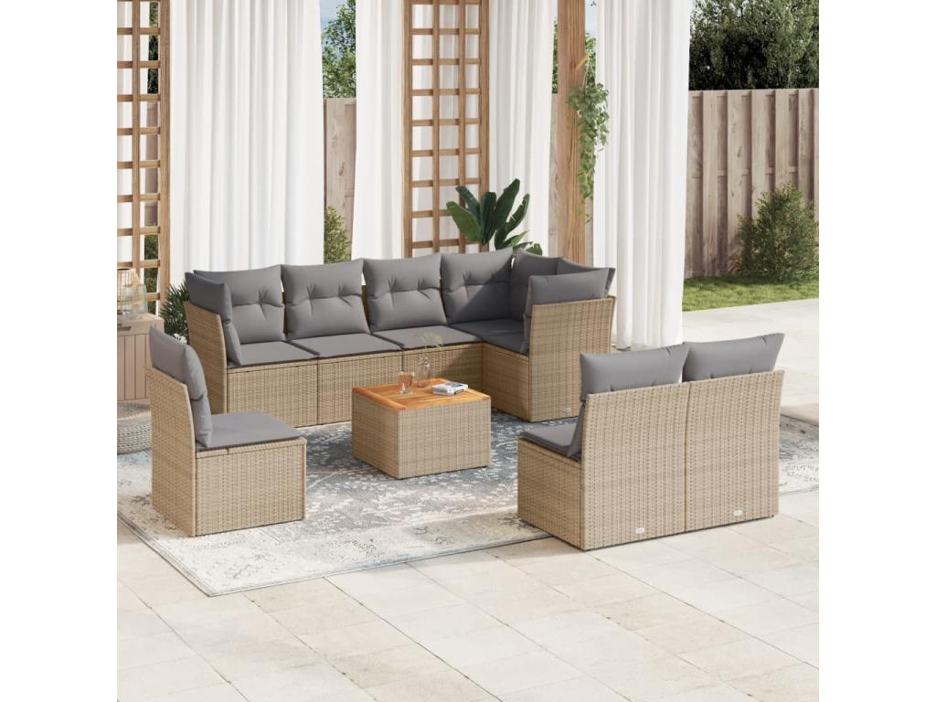 Salon de jardin avec coussins 9 pcs beige résine tressée NAJQ39132