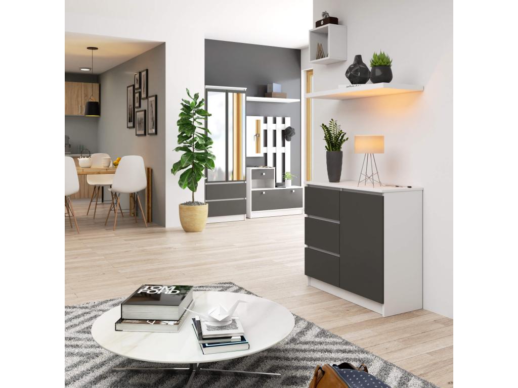 Commode Dormeva Blanche 80 cm 1 porte 3 tiroirs façade Gris Graphite 2 étagères 80x35x77 cm RLMZ75645
