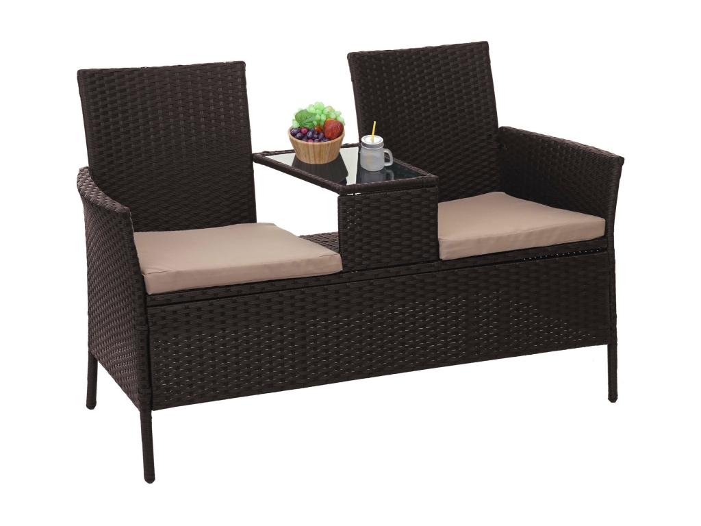 Banc avec table en polyrotin Zensova-E24 banquette de jardin meuble de jardin 132cm - coussin marron WEZV36998