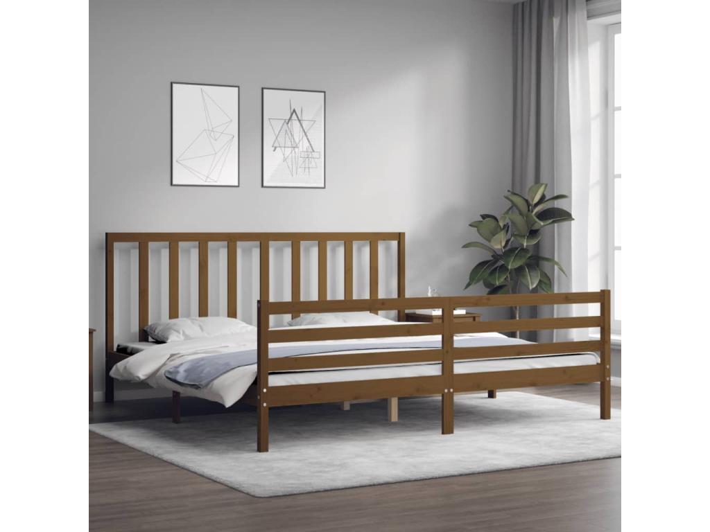 Cadre de lit avec tête de lit marron miel 200x200 bois massif PWFQ99742