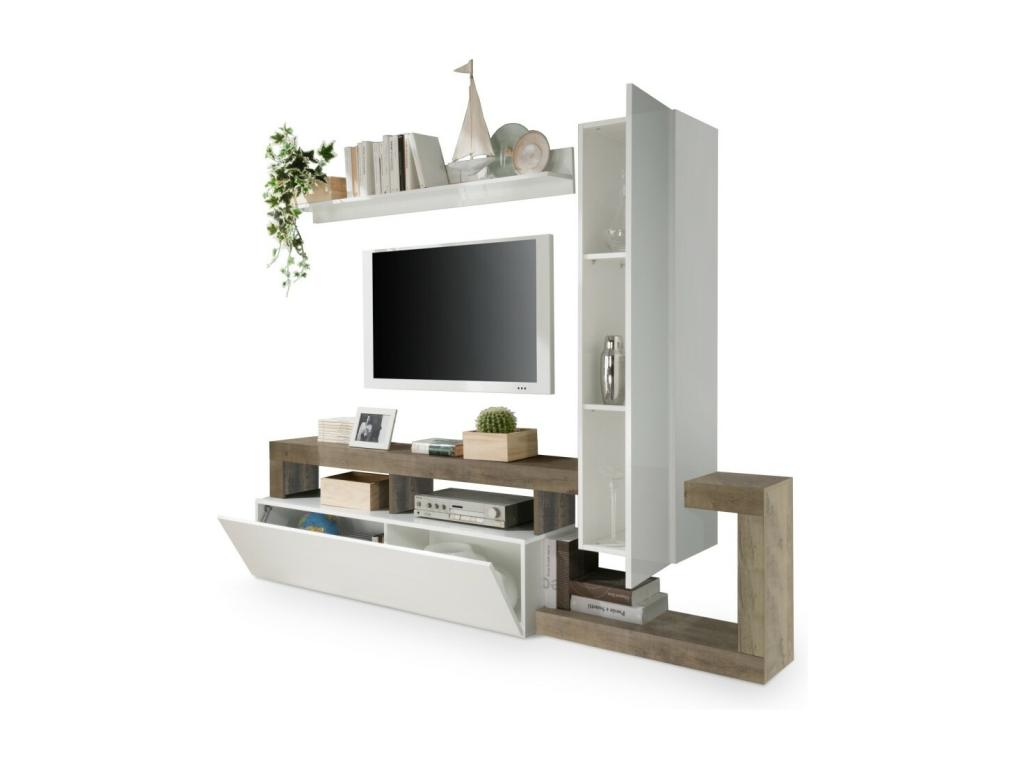 Ensemble meubles salon avec rangements 220 cm collection Dormeva blanc laqué/chêne clair XMQA23234