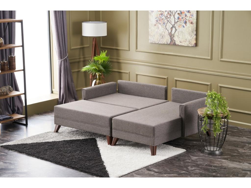 Petit canapé convertible d'angle droit avec pouf tissu marron clair Dormeva 205cm LVRQ30467