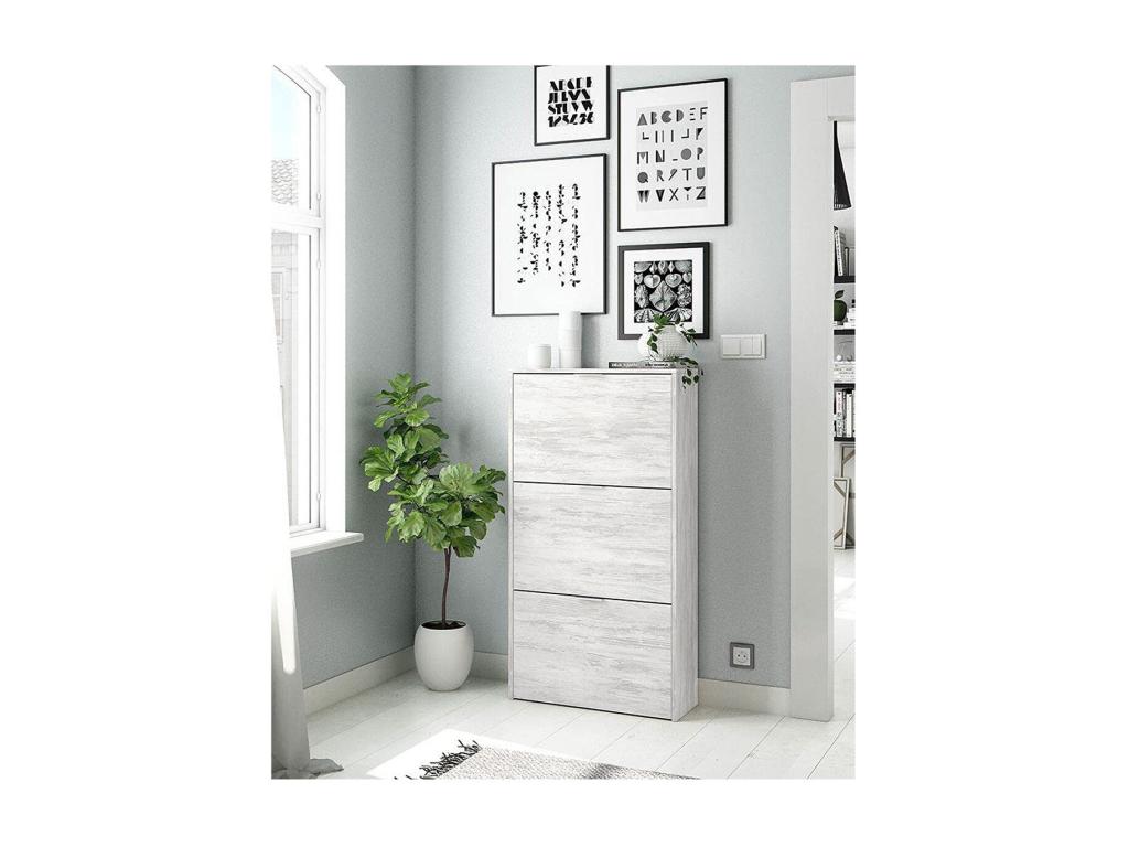 Meuble à Chaussures avec 3 abattants couleur chêne Gris blanchie - Longueur 60 x Hauteur 113 x Profondeur 22 cm XLEK93664
