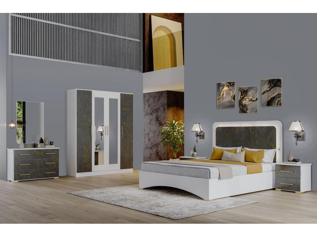 Grande armoire de chambre 6 portes battantes bois blanc et bois gris brillant marbré doré Dormeva 242cm DSHS74098