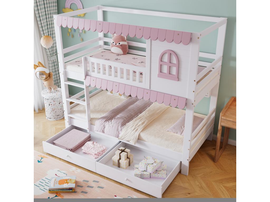 Lit superposé en bois - 90x200 cm - avec 2 tiroirs et étagères - Blanc / Rose sans rideaux UYIC01441