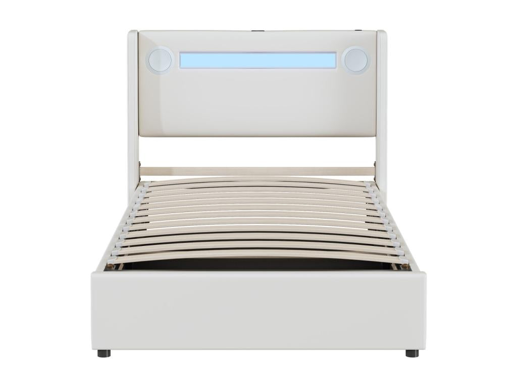 Lit coffre 90x200cm - Lit simple avec sommier à Dormeva tête de lit LED avec Bluetooth et port USB - en cuir PU Blanc ZHCY98628