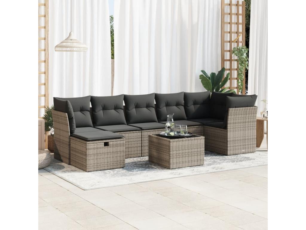 Salon de jardin 8 pièces avec coussins gris résine tressée DRNA30008