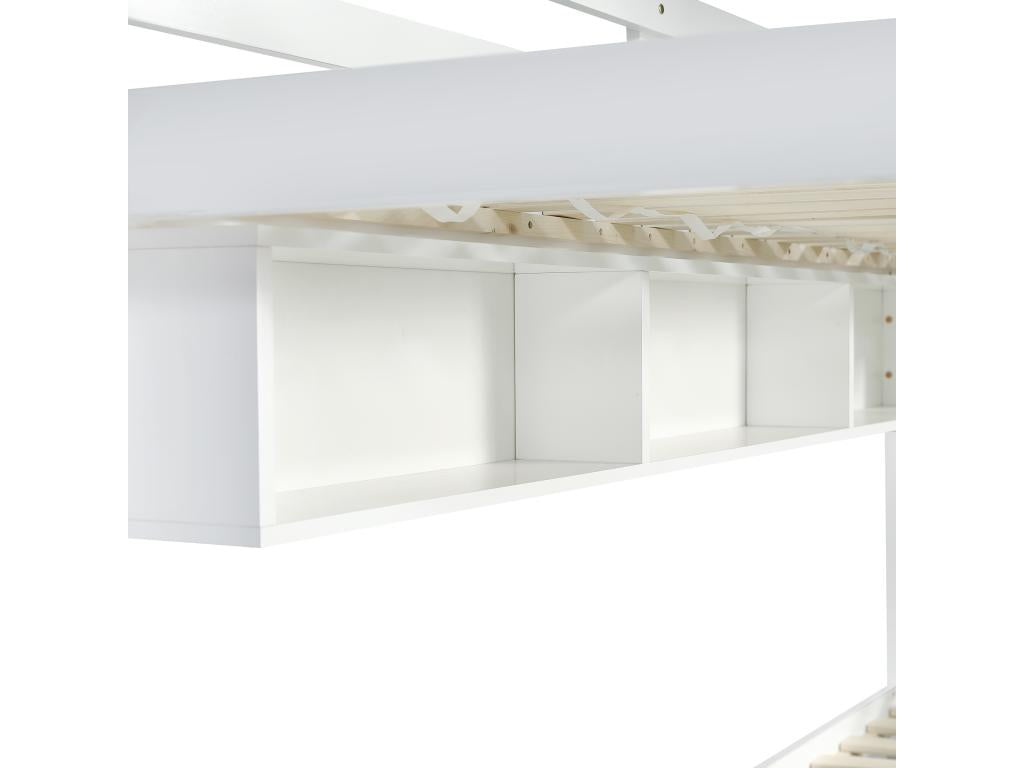 Lit superposé en bois - 90x200 cm - avec 2 tiroirs et étagères - Blanc / Rose sans rideaux UYIC01441