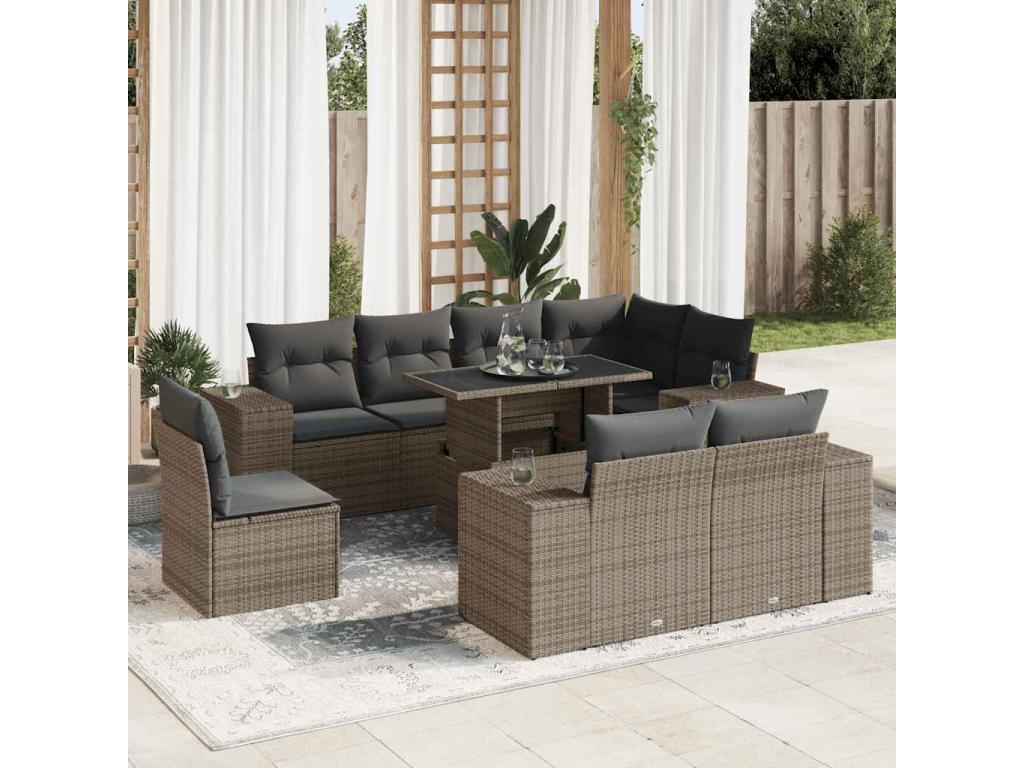 Salon de jardin 9 pcs avec coussins gris résine tressée MTJK40939