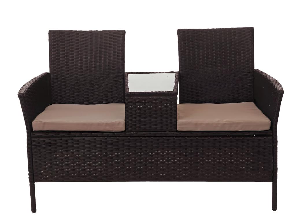 Banc avec table en polyrotin Zensova-E24 banquette de jardin meuble de jardin 132cm - coussin marron WEZV36998