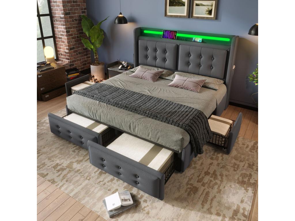 Lit double capitonné 140x200 avec tête de lit Led et chargeur USB C 4 tiroirs gris sans matelas UXDY84680