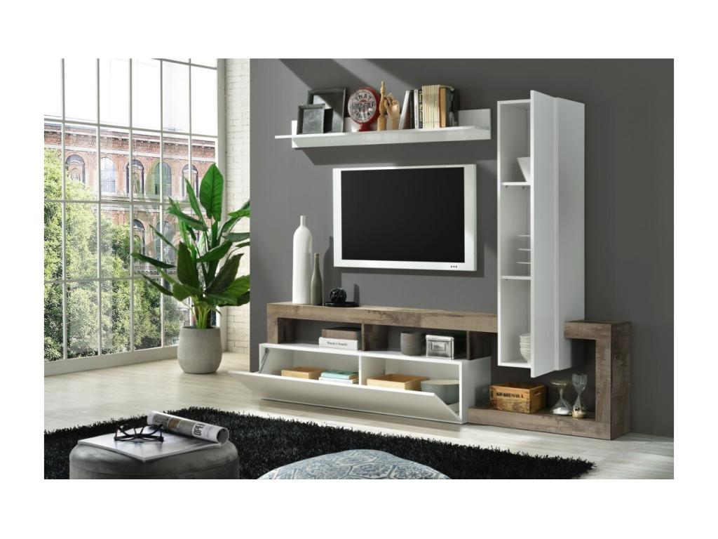 Ensemble meubles salon avec rangements 220 cm collection Dormeva blanc laqué/chêne clair XMQA23234