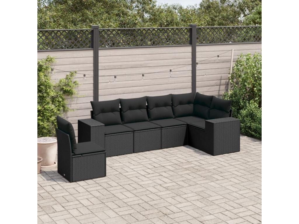Salon de jardin 6 pcs avec coussins noir résine tressée HTNL44673