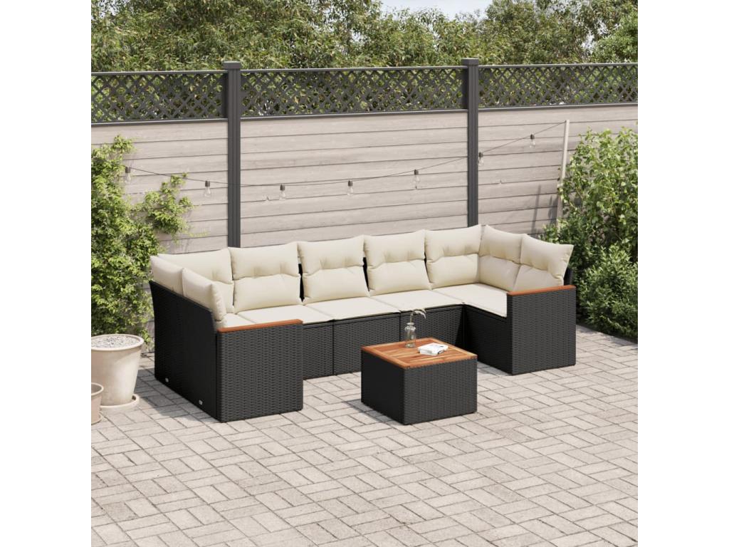 Salon de jardin 8 pcs avec coussins noir résine tressée BNFX28491