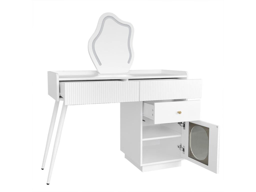 Coiffeuse avec miroir et éclairage LED - 2 tiroirs et une armoire amovible - Tabouret blanc non inclus MVBN06196
